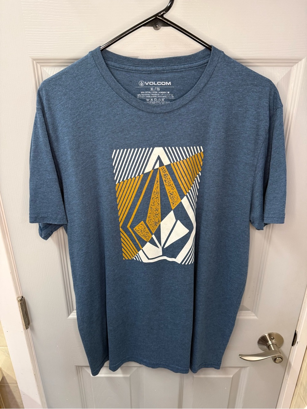 Volcom Blue Short Sleeve Graphic Tee with Mustard and White Print